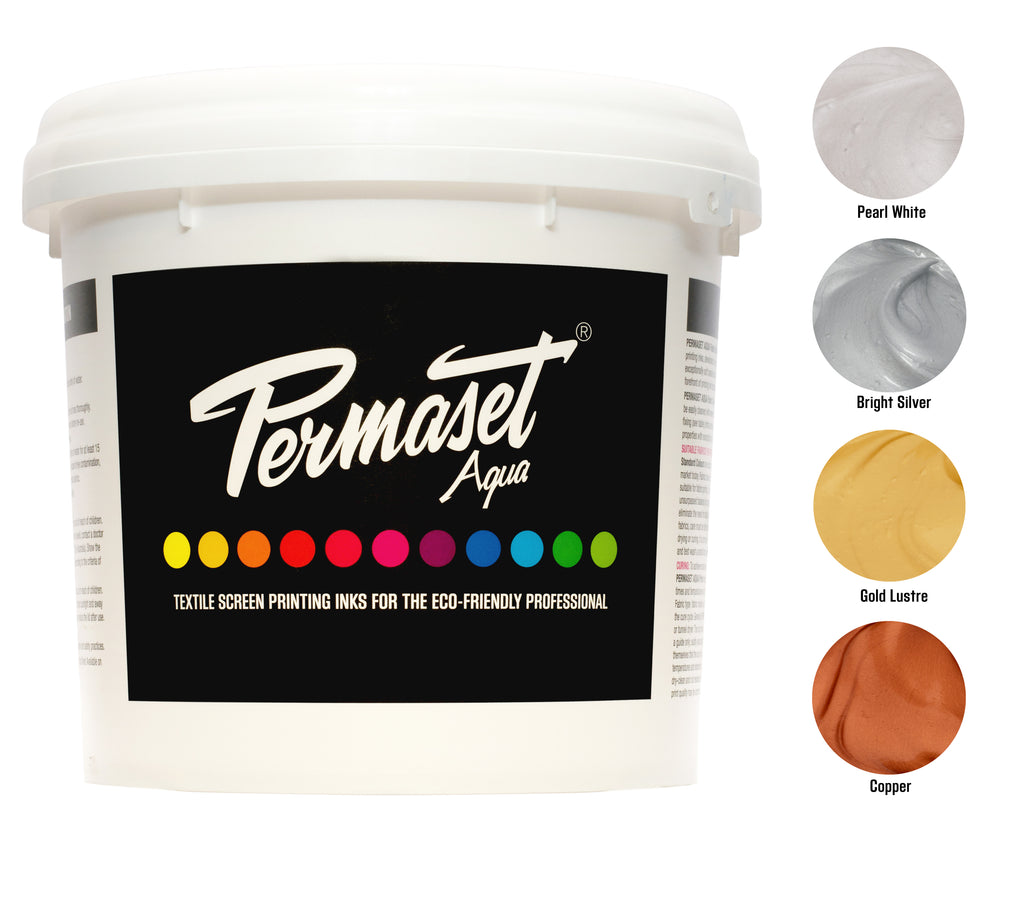 Gold, Silver, Copper and Pearl White water-based screen printing ink - PERMASET AQUA 4 x 1L trial kit