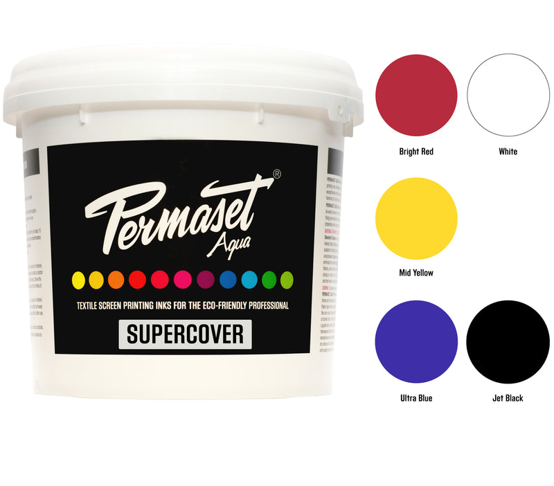 PERMASET SUPERCOVER Inks for screen printing on dark fabrics are available in 300 mL and 1 L intro kits